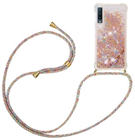 Handykette Handyhülle für Samsung Galaxy A7 2018 Quicksand Glitzer mit Band | Silikon Handyhülle mit Kordel Umhängenband - Schnur mit Treibsand Case zum Umhängen, Golden