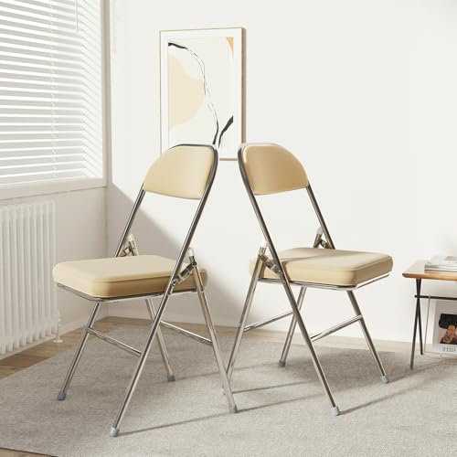 Chleby Juego de 2 Cómoda Silla Plegable sillas Plegables de Cuero para Cocina con cojín Grueso, sillas de Comedor Plegables para Cocina, Interior, Exterior, Sala de conferencias Beige