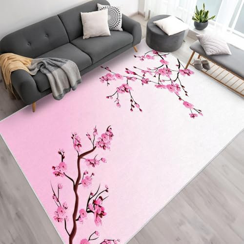 buyluhn Petit Tapis Fleur de Cerisier Entree Interieur Absorbant 80x120, Paillasson Fin Tapis Salon Rose Lavable en Machine Tapis Doux Chambre Decoration, Moquette Poil Ras Enfant Ado Adulte