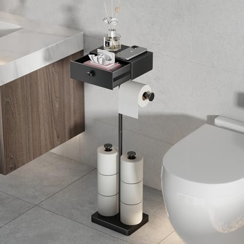 VOLDRA Toilet Paper Holder Stand with Shelf, Free Standing Black Toilet Paper Roll Holder with Wipes Storage Drawer Heavy Duty Floor Bathroom Tissue Holder Freestanding No Drill Tp Holder for 7 Rolls