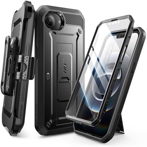 SUPCASE für iPhone 16e Hülle 6.1” Outdoor Handyhülle 360 Grad Case Bumper Schutzhülle Cover [Unicorn Beetle Pro] mit Displayschutz, Ständer und Gürtelclip für iPhone 16e 2025 (Schwarz)