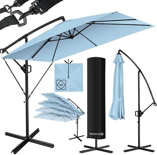 KESSER® Holly - Sombrilla rectangular LED solar, incluye cubierta + protección contra el viento con manivela, manivela con soporte, protección UV, aluminio, impermeable, diámetro de 350 cm, color azul