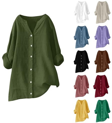 RLEHJN Chemise Lin Femme Manches Longues Pas Cher Chemisier Coton Et Lin pour Femmes Col V Boutonné Top Manches Enroulables Hauts Décontractés Couleur Unie Tuniques Blouse Lâche Respirant T-Shirts