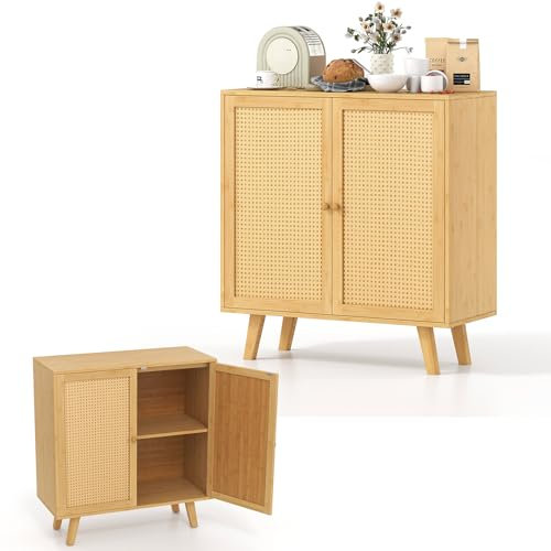 KOMFOTTEU Aparador de Cocina de Bambú, Mueble Buffet con 2 Puertas de Ratán, Armario de Comedor de 2 Niveles, Mueble de Almacenamiento para Sala de Estar, 80 x 35 x 85 cm, Natural