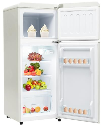 Refrigerador retro, combinación refrigerador-congelador, dos puertas, 92 litros de capacidad total, con congelador de 28 litros. 116 kWh/año, -27 °C ~13 °C, iluminación LED,White