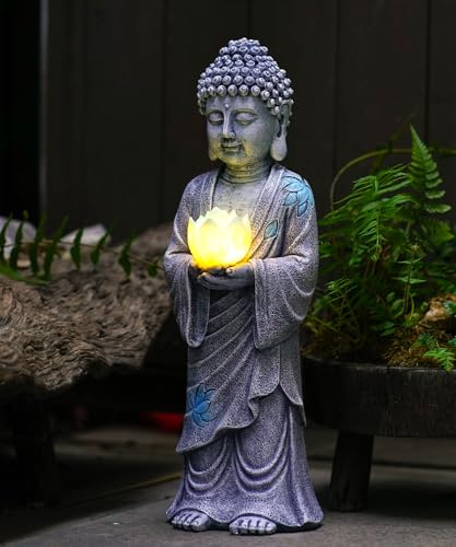 Yeomoo Figurine de Bouddha debout avec LED solaire - Lotus - Décoration de jardin - Résistante aux intempéries - Décoration pour jardin zen, salon - Feng Shui spirituelle - Cadeau pour femmes, maman
