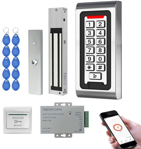 AOAMZ Système de Contrôle d’Accès WiFi Tuya RFID avec Clavier à Code Métal IP68, Alimentation 12V 3A, Serrure Électromagnétique 280kg (600lbs) Finition Brossée, Bouton de Sortie + 10 Badges 125kHz(5)