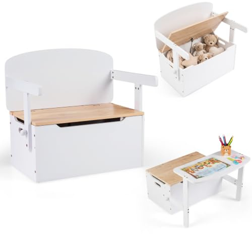 Kids Table and Chair Set, 3 in 1 Convertible Wooden Toy Box Storage Bench with Handle, Toddler Organizer Cabinet Furniture Set Gift for Daycare Playroom Boys Girls (Beige)