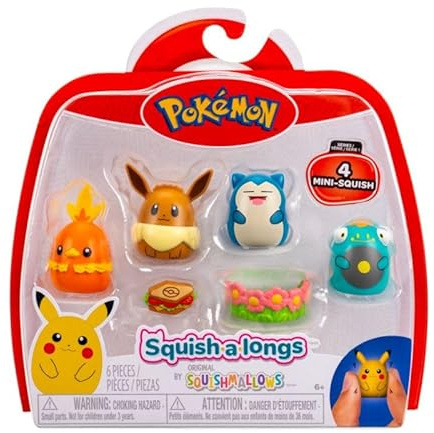 Squish-a-Longs SQAL0068 4er Pack - Eevee, Snorlax, Bellibolt, Torchic - 2 Zubehörteile enthalten
