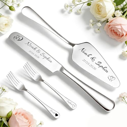 WBW Set de Cuchillo y Pala para Pastel de Boda Personalizado con Grabado, Juego para Cortar Tarta, para Bodas, Compromisos, Aniversarios y Cumpleaños (Cuchillo de plata para pasteles)