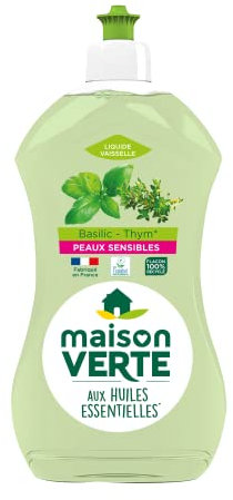 Maison Verte - Liquide Vaisselle - Dégraissant - Peaux Sensibles - Huiles Essentielles - basilic & thym - 500ml - Ecolabel - Fabriqué en France