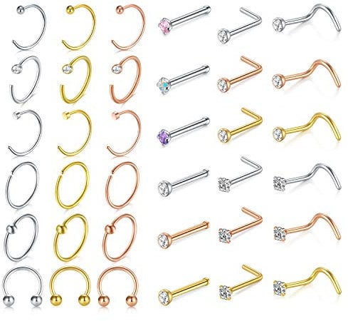 D.Bella 18G Nasenpiercing 316L Chirurgenstahl Nasenringe Nasenstecker L Förmig Spirale Nase Stecker mit Strass Nasenpiercing Schmuckset für Frauen Männer Silber Gold Rosegold Farbe
