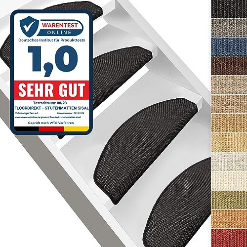Floordirekt Sisal Stufenmatten schwarz innen 15 Stück halbrund, Treppenstufen Matten für Holztreppen, antirutsch Treppenteppich Selbsklebennd und Allergikerfreundlich (Maße ca. 64 x 23,5 cm)