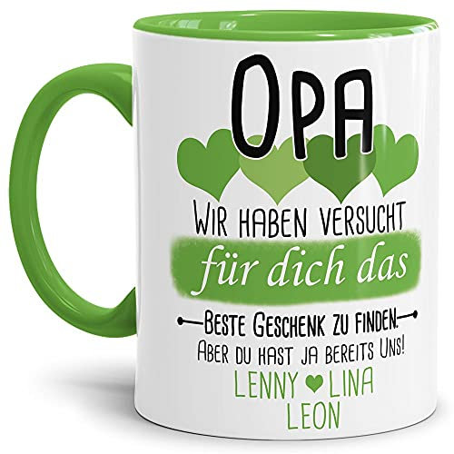Tassendruck Geschenk Tasse mit Spruch PERSONALISIERT - Bestes Geschenk für Opa von Enkelkindern - Kaffee-Tasse/Geschenkidee Geburtstag Vatertag/Vatertagsgeschenk - Innen & Henkel Hellgrün