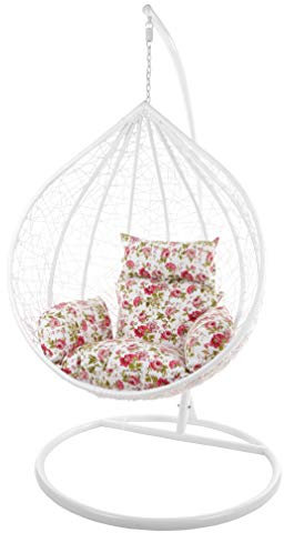 KIDEO Komplettset: großer Hängesessel mit Gestell & Kissen, Korbsessel, Poly-Rattan (Korb & Gestell: weiß, Kissen: Blumenmuster Nest (3761 Roses))