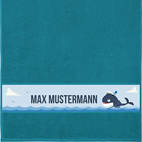 Manutextur Handtuch mit Namen - personalisiert - Motiv Wal - viele Farben & Motive - Dusch-Handtuch - Petrol - Größe 50x100 cm - persönliches Geschenk mit Wunsch-Motiv und Wunsch-Name