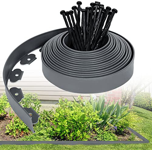 Aufun Bordure de pelouse Flexible en Plastique 10mx5cm avec 30 ancrages au Sol pour l'ancrage, système de barrière Anti-Racines de Bordure de lit, pavés de Bordure de Jardin décoratifs(10 m, Gris)