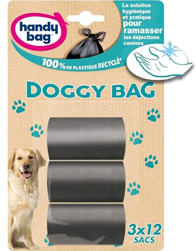 Handy Bag - Sacs poubelle doggy bag 3 x 12 sacs - Pratique et hygiènique : pas de contact avec les déjections canines - Sacs opaques - 100% plastique recyclé