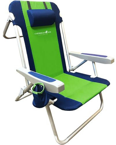 CARIBBEAN JOE Silla de Playa Plegable, Mochila portátil de 5 Posiciones, Silla de Camping Plegable con reposacabezas, portavasos y reposabrazos, Azul Marino/Verde