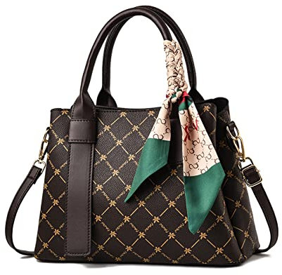 NICOLE & DORIS Handtaschen Damen Neue Schultertaschen PU Leder Henkeltasche Elegante Frauen Umhängetasche Mittelgross Bedruckte Tote Taschen mit Seidenschal Kaffee