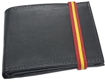 Tiendas LGP - Cartera Billetero Monedero, Americano, con Cierre elástico Bandera de España, Caballero, Piel Autentica de Vacuno, Color Negro
