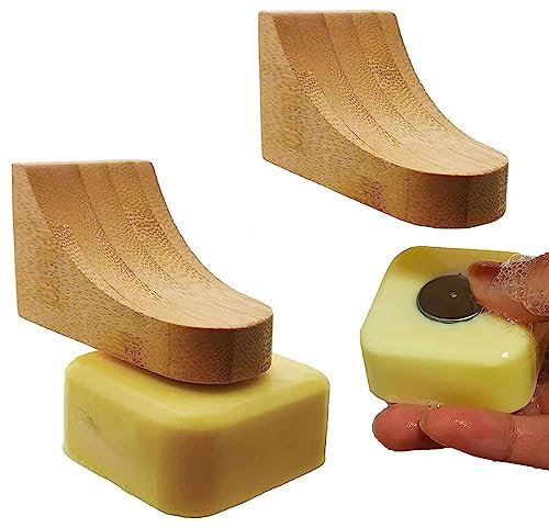 (2Sets)Bamboo Magnetic Bar Soap Holder For Shower Wall,Magnet Soap Saver For Bar Soaps Self Draining,Shower Storage for Soaps & Beard Shampoo Bars -No More Soggy Soaps,Soap Dish Dispenser Bath Kitchen