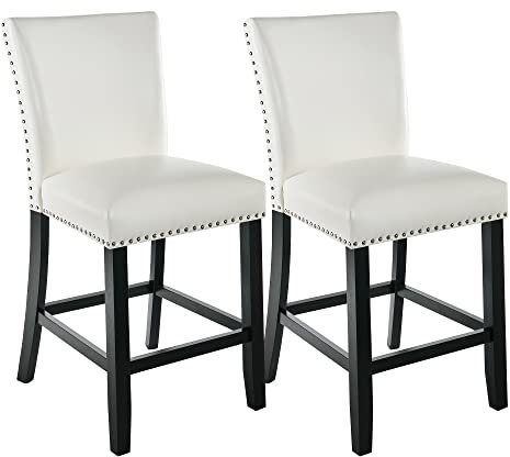 MODERION 2er-Set hohe Barhocker, Tresenhocker, Esszimmerstühle, Beine aus Massivholz, atmungsaktives Leder, bis 150 kg, geeignet für Bars, Restaurants, Wohnzimmer, Balkone (Elegantes Weiß)