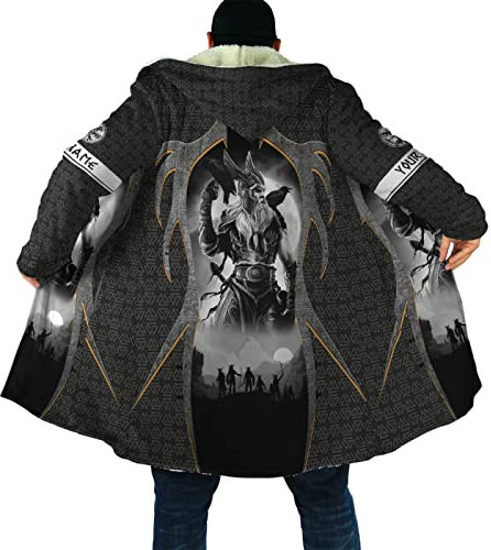 MAITONGG Herren Umhang Custom Wikinger 3D Druck Kapuzenmantel Dicker Cape Coat Fleece Jacke Winter Personalisiert