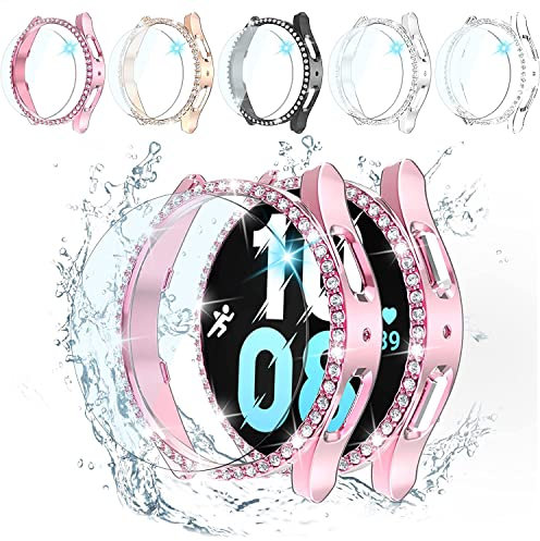 [Confezione da 5+5] Diamante Glitter Galaxy Watch 5/4 Cover + Custodia protettiva da 44 mm, 5 vetri temprati e 5 PC rigidi Custodia paraurti Bling crystal Accessori donna per Galaxy Watch 4 5(44mm)