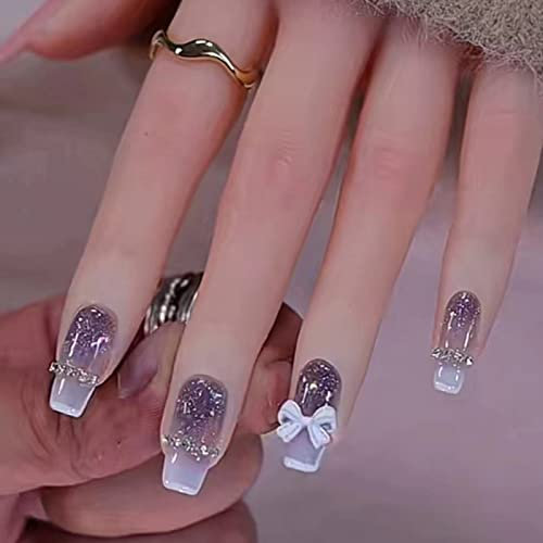 24 Pièces Carrés Faux Ongles Court, French Ongles à Presser Acrylique Ongles avec Onglet Adhésif, Glossy Artificiels Ongles à Coller pour Femmes et Filles Nail Art (Noeud Papillon)