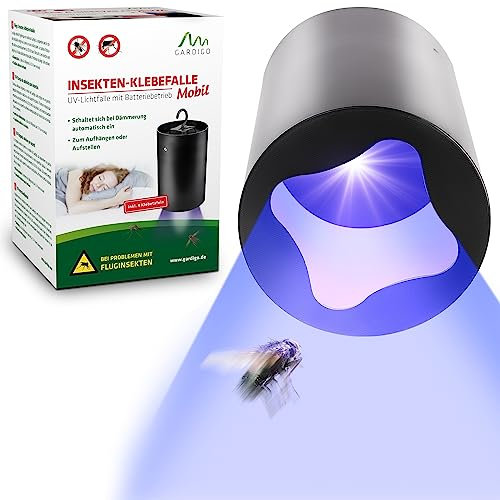 GARDIGO® Insektenfalle mit Gelbsticker und UV-Licht | Mobile Mückenfalle Batteriebetrieben | Dämmerungssensor | Austauschbare Klebestreifen | Klebefalle Mückenschutz | Insektenfänger Gelbtafeln