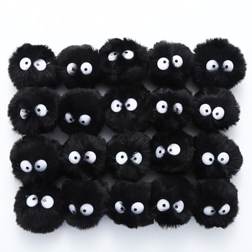 Miupoo Pompons mit Augen zum Basteln, Halloween-Kostüm, Pompons, Dekorationen, Basteln, Pompons mit Kulleraugen, flauschige Pompom-Bälle mit elastischer Schlaufe, 20 Stück, 5 cm, Schwarz