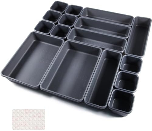 16 Stück Schubladen Organizer Schublade Trenner Bad Organizer Boxen Set mit 40 Silikon-Anti-Rutsch-Kugel Hemnes Kommode Küche Schreibtisch Utensilien (Schwarz)