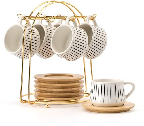 LUKA Ceramic Coffee Espresso Cups with Saucers Set with Metal Holder, 4 oz Porcelain Demitasse Cups For Tea, Espresso, Latte, Coffee, Cafe Mocha, Set of 6, White