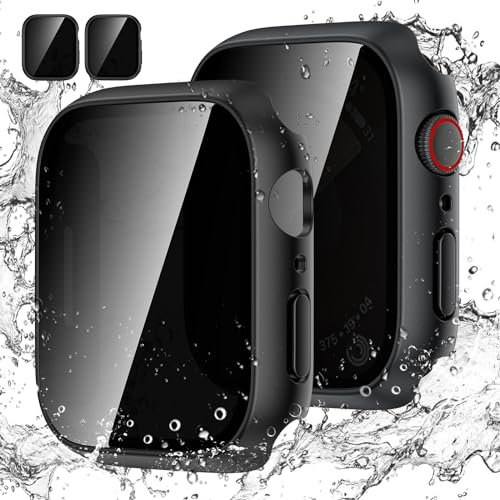 [2Pezzi] Kamita Custodia per Apple Watch Serie SE/6/5/4 44mm con Protezione Dello Schermo in Vetro Temperato per la Privacy, Impermeabile Duro PC Bumper Case Anti-spia Cover per iWatch 44mm (Nero*2)
