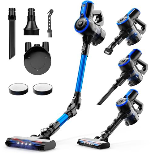 VEGREM Aspiradora Sin Cable 25KPA, Aspirador Escoba Sin Cable 160W con 2 Modos, Escoba Aspiradora Sin Cable con Varilla Plegable 180°, Luces LED, Easy-Stand, 40 Minutos de duración