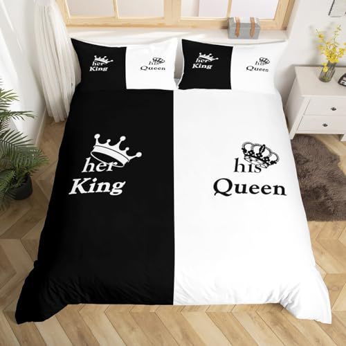 Homemissing König und Königin Duvet Cover King Size, Black and White Mr Mrs Comforter Cover His and Her Bedding Set Lovers Romantic Valentine's Day Tagesdecke, Bezug, 3-teiliger Reißverschluss