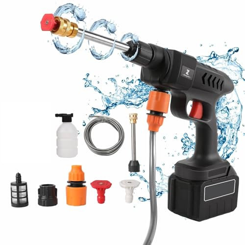 Limpiador de alta presión inalámbrico, boquilla 6 en 1 con baterías de 21 V, 60 bar, portátil, con manguera de 5 m y accesorios, para coche, casa, jardín (20.000 mAh)