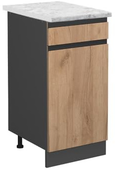 Vicco Küchenunterschrank R-Line, Goldkraft Eiche, 40 cm | 1 Schublade · AP Marmor inkl. · Höhenverstellbare Füße · ✓ Leichter Zugriff · ✓ Frei kombinierbar