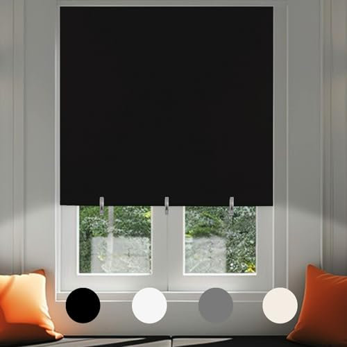 No Drill Blackout Blind Stick on Curtains Thermal Insulated, Adjustable Clips Self Adhesive Cut to Size Easy Fit Temporary Blackout Window Blinds for Bedroom, Nursery (1, Black, 120W x 180H cm)