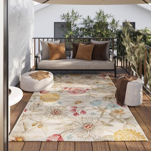 Wecon Home moderner, wetterfester Teppich für Innen und Außen - florales Design für Wohnzimmer, Esszimmer, Flur, Terrasse und Balkon - Abloom (300 x 400 cm, beige)