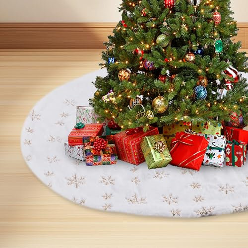 120cm Weihnachtsbaum Decke Rock, Weiß Christbaumdecke Rock Kunstfell Plüsch Runde mit Gold Schneeflocken Weihnachtsbaum Röcke für Frohe Weihnachten Christbaum Dekoration