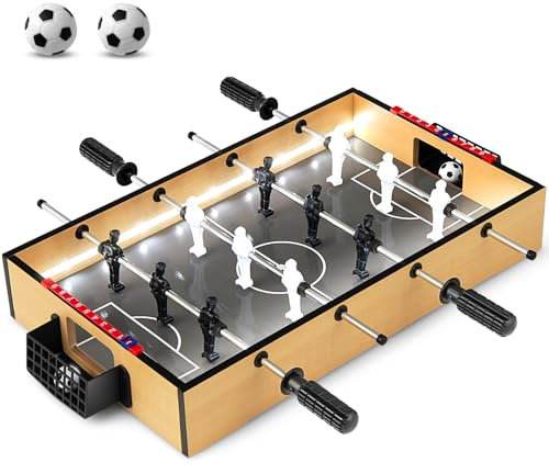 DREAMADE Tischkicker, Mini Kickertisch mit LED-Beleuchtung, Tischfußball Spieltisch für Kinder Erwachsene inkl. 2 Bälle & 12 Kicker