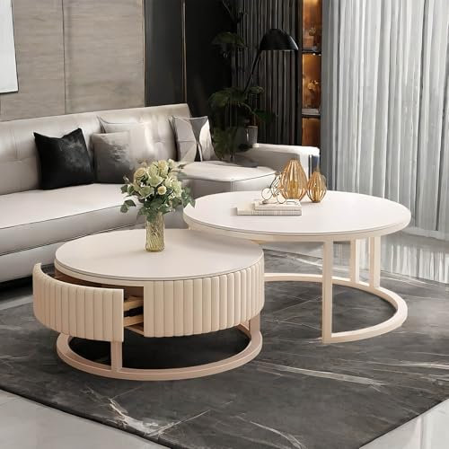 MDXVRKYBC Runder Couchtisch Weiß Wohnzimmertisch Rund 2er Set Nested Beistelltisch 50cm+70cm Tischplatte Aus Schiefer, Satztische 2er Set Coffee Table Für Balkon Und Büro