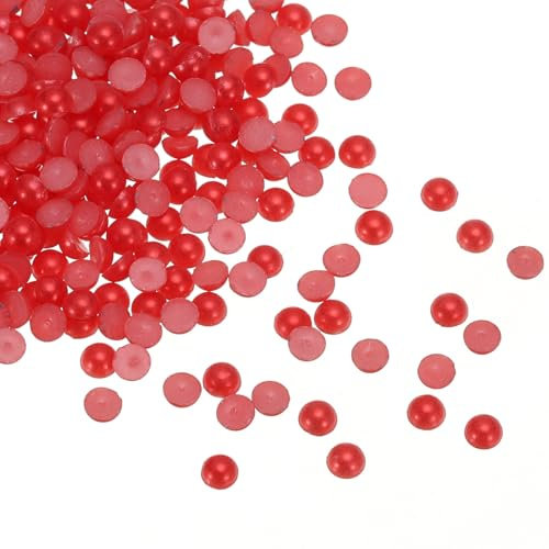 QUARKZMAN 300pz Perle Piatte 4mm ABS Plastica Mezza Sfera Tondo Imitazione Perle Perline per Fai Da Te Scarpe Decorazioni Abbigliamento Matrimonio Cornici Foto Natale, Rosso