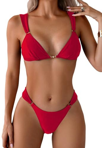GORGLITTER Damen Bikini Set mit Ringdekor Badeanzug Einfarbig Bikini-Set Hohe Tailie Bikinis Rückenfrei Swimsuits 2-teiliges Set Strandanzug Bademode Rot L