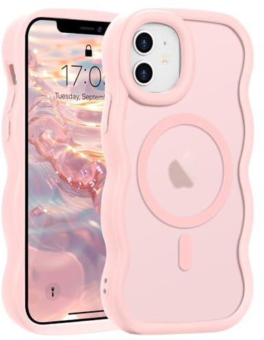 Pepmune Magnetic for iPhone 12/12 Pro Case Translucent Matte Pink | Compatible with Magsafe,Cute Curly Wave Frame Phone Case,Soft TPU Bumper Slim Fit Shockproof Protective Cover for Men-Pink