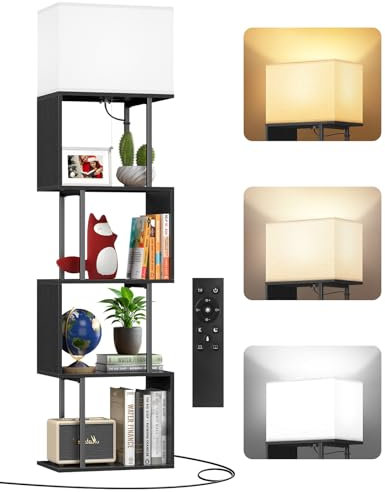 OUTONLIFE Lampadaire sur Pied avec Bibliothèque en S, 5 Niveaux, Réglable avec 3 Températures de Couleur, Design Moderne avec Étagères et Télécommande pour Salon, Chambre et Bureau