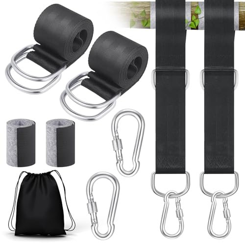 JIZZU Schaukel Befestigung, Hängematte-Befestigungssatz mit Karabinern, D-Ringen, Aufbewahrungstasche und Baumschutzpolstern, Schaukelhaken Tragfähigkeit 800kg, Schaukel Aufhängung(1.5m * 4.8cm)
