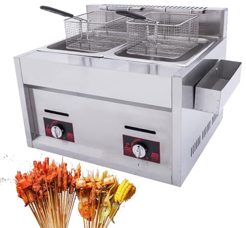 Friteuse à gaz professionnelle de comptoir 10 L x 2, en acier inoxydable, avec paniers et couvercles, buse de 0,9/1,3, brûleurs à gaz naturel, pour restaurant, snack-bar, hôtel, cafétéria